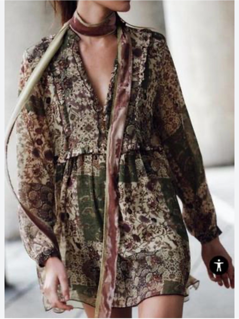 Zara Boho Floral Long-Sleeve Mini Dress in Olive & Brown